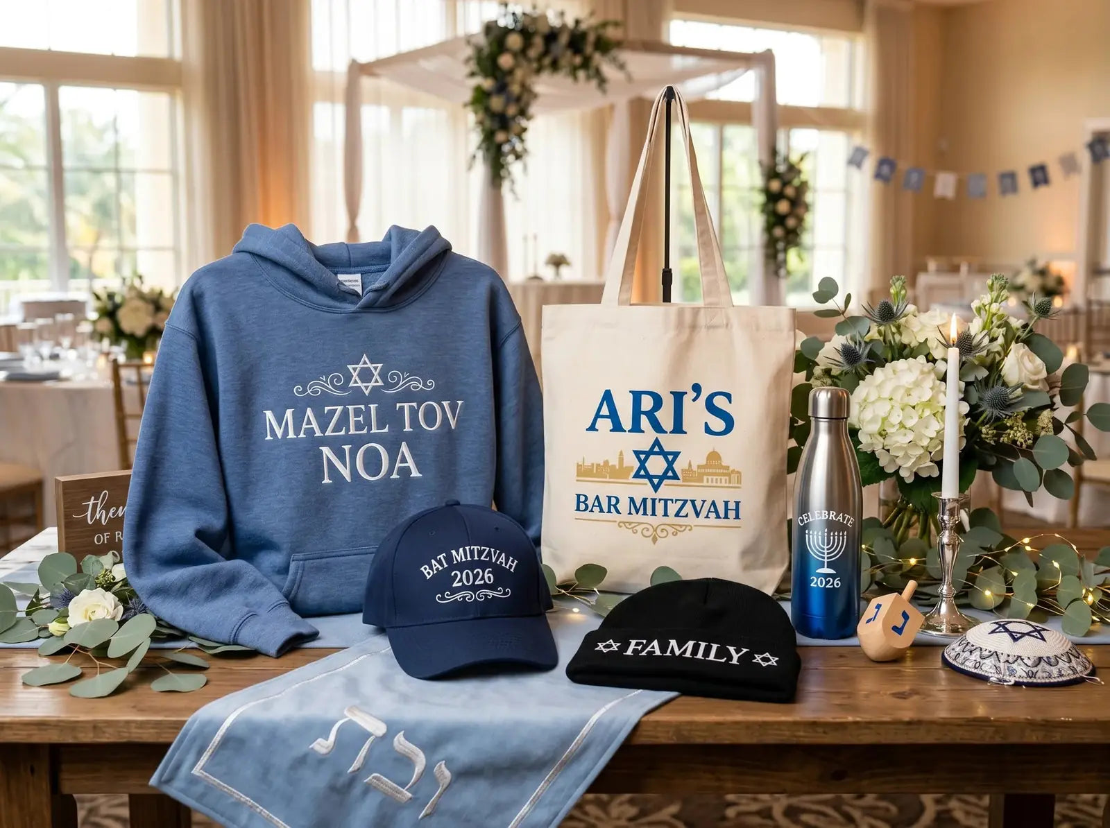 Bar and Bat Mitzvah custom hoodies embroidered hats tote bags beanies and water bottles with Mazel Tov names and event dates