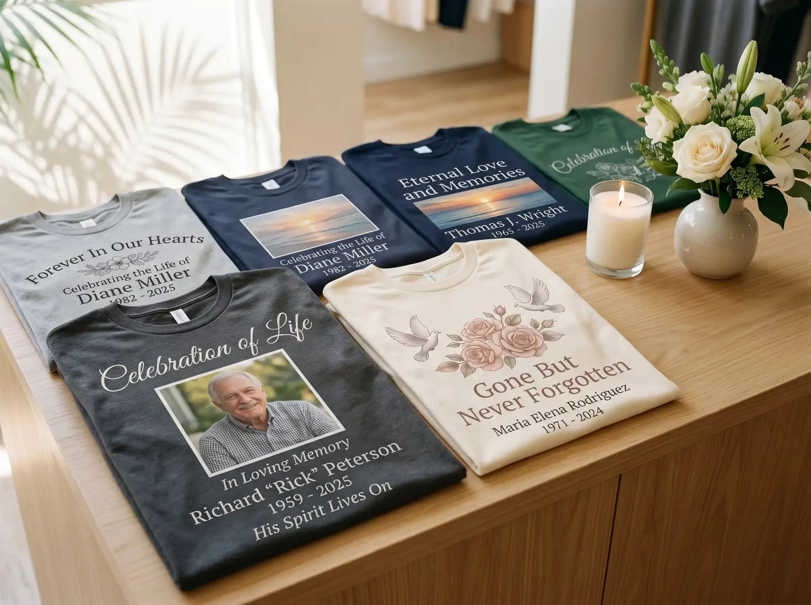 Celebration of life memorial shirts South Florida with printed photos names dates roses doves and remembrance messages