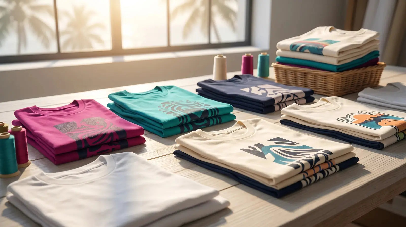 Custom t-shirt printing Hollywood FL with vibrant printed shirts and South Florida palm trees