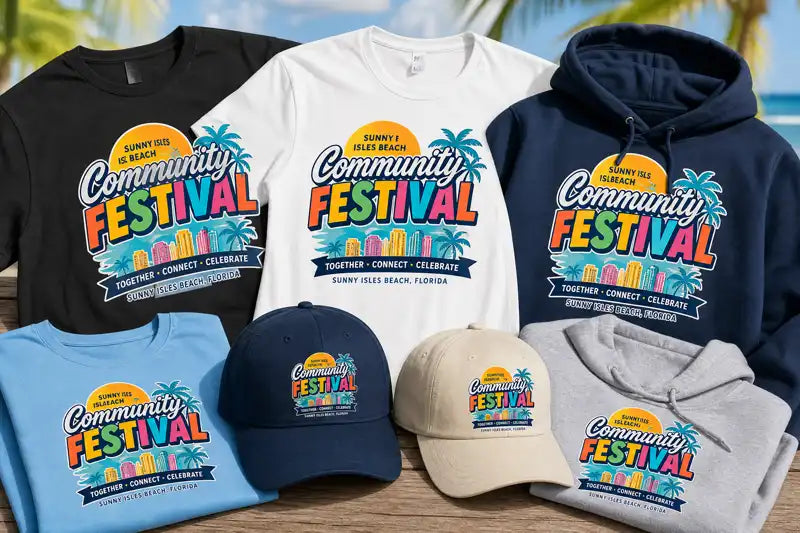 Mixed-apparel community festival order — tees, hoodies and caps DTF-printed for a Sunny Isles Beach event