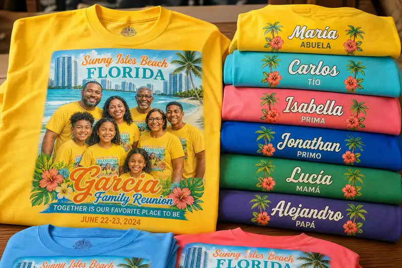 Full-color multilingual family event shirt DTG-printed for a Sunny Isles Beach order