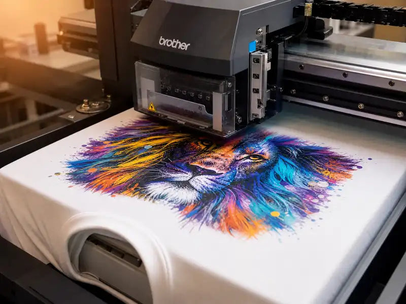 DTG printhead close-up printing vibrant design on white t-shirt